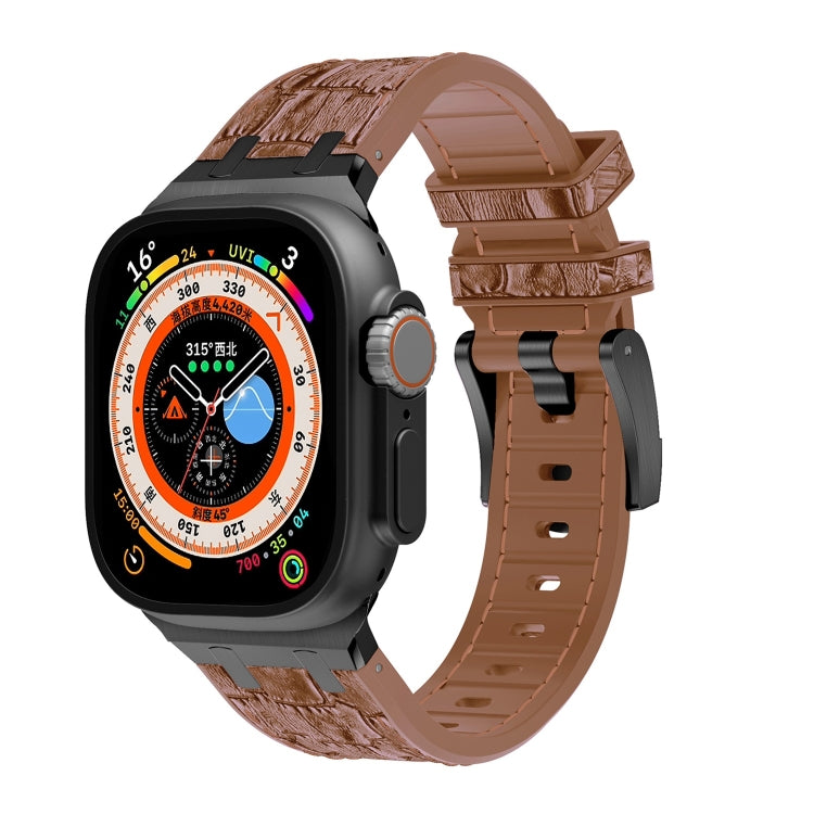 For Apple Watch Ultra 49mm Crocodile Texture Liquid Silicone Watch Band(Black Yellow Brown) - Watch Bands by PMC Jewellery | Online Shopping South Africa | PMC Jewellery