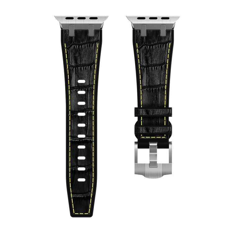 For Apple Watch Series 8 45mm Crocodile Texture Liquid Silicone Watch Band(Silver Yellow Black) - Watch Bands by PMC Jewellery | Online Shopping South Africa | PMC Jewellery