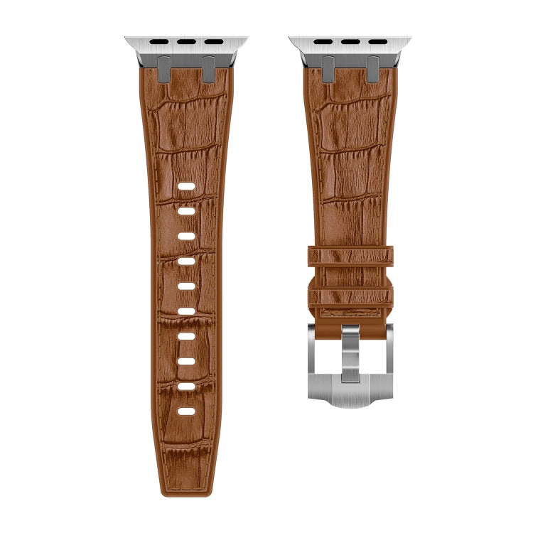 For Apple Watch Series 7 45mm Crocodile Texture Liquid Silicone Watch Band(Silver Yellow Brown) - Watch Bands by PMC Jewellery | Online Shopping South Africa | PMC Jewellery