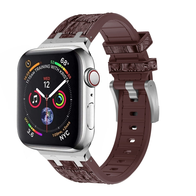 For Apple Watch Series 2 38mm Crocodile Texture Liquid Silicone Watch Band(Silver Dark Brown) - Watch Bands by PMC Jewellery | Online Shopping South Africa | PMC Jewellery