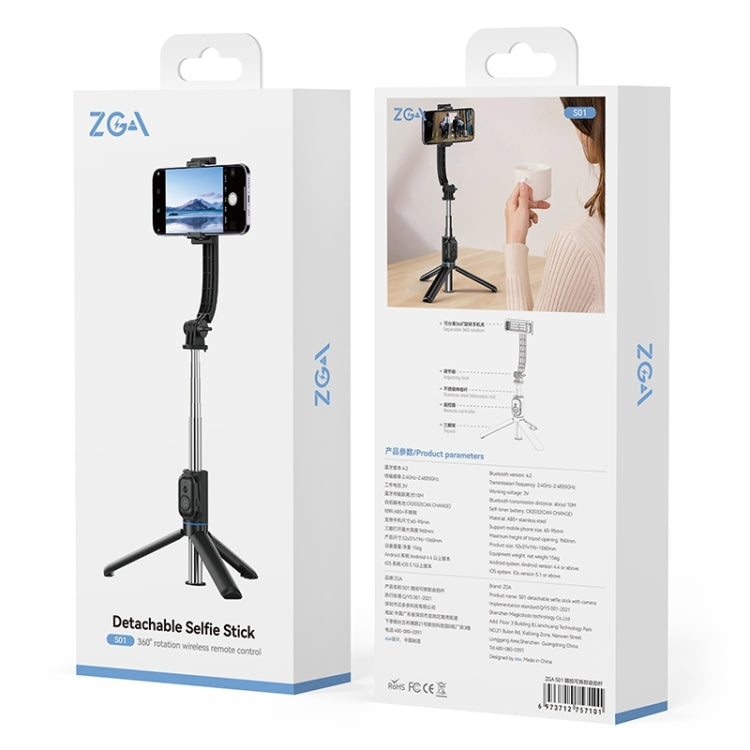 ZGA S01 Bluetooth Remote Control Detachable Tripod Selfie Stick(Black) - Selfie Sticks by ZGA | Online Shopping South Africa | PMC Jewellery | Buy Now Pay Later Mobicred