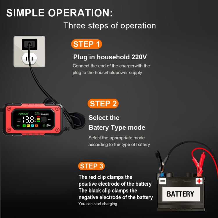 FOXSUR 7A 12V Car / Motorcycle Smart Battery Charger, Plug Type:US Plug(Red) - free shipping - PMC TechLife - Order now!