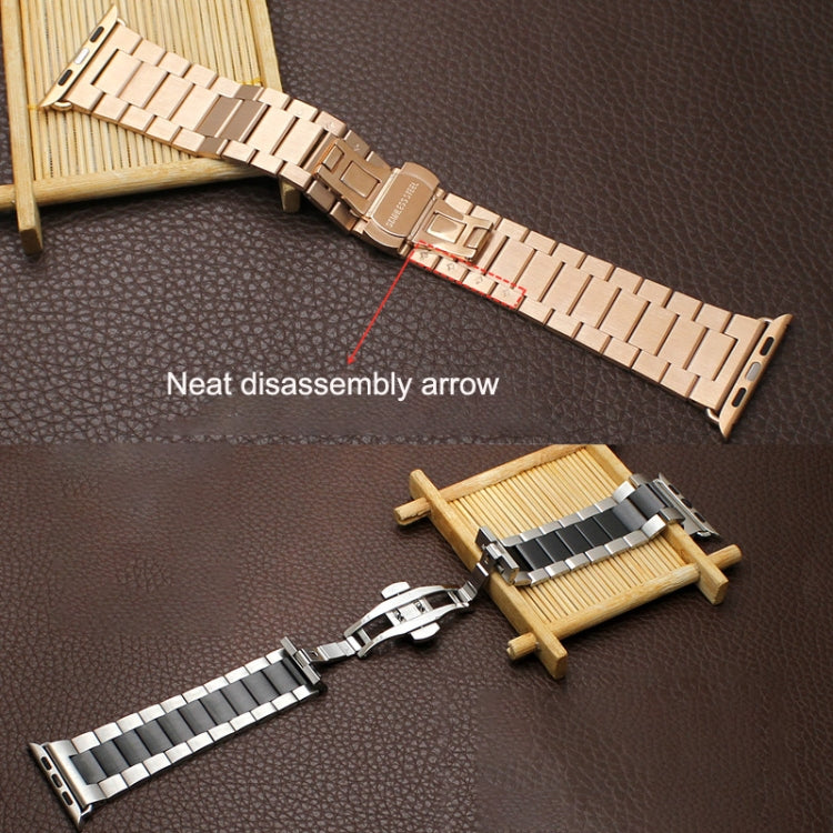 For Apple Watch Series 2 38mm Three-bead Butterfly Buckle Metal Watch Band(Rose Gold) - Watch Bands by PMC Jewellery | Online Shopping South Africa | PMC Jewellery