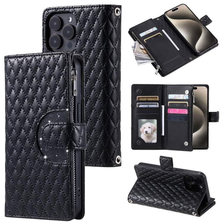 For iPhone 16 Pro Max Glitter Lattice Zipper Wallet Leather Phone Case(Black) - iPhone 16 Pro Max Cases by PMC TechLife | Online Shopping South Africa | PMC TechLife | Buy Now Pay Later Mobicred