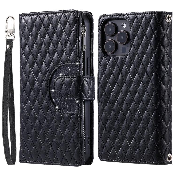 For iPhone 16 Pro Glitter Lattice Zipper Wallet Leather Phone Case(Black) - iPhone 16 Pro Cases by PMC Jewellery | Online Shopping South Africa | PMC Jewellery | Buy Now Pay Later Mobicred