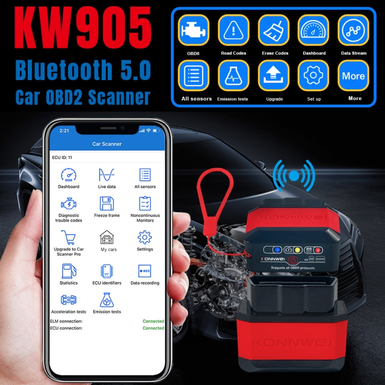 KONNWEI KW905 Bluetooth 5.0 Car OBD2 Scanner Support Android & iOS(Black Orange) - Code Readers & Scan Tools by KONNWEI | Online Shopping South Africa | PMC Jewellery | Buy Now Pay Later Mobicred