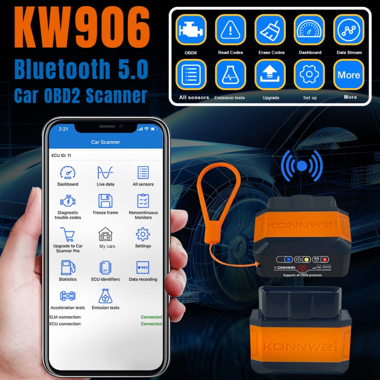 KONNWEI KW906 Bluetooth 5.0 Car OBD2 Scanner Support Android & iOS(Black Orange) - free shipping - PMC TechLife - Order now!
