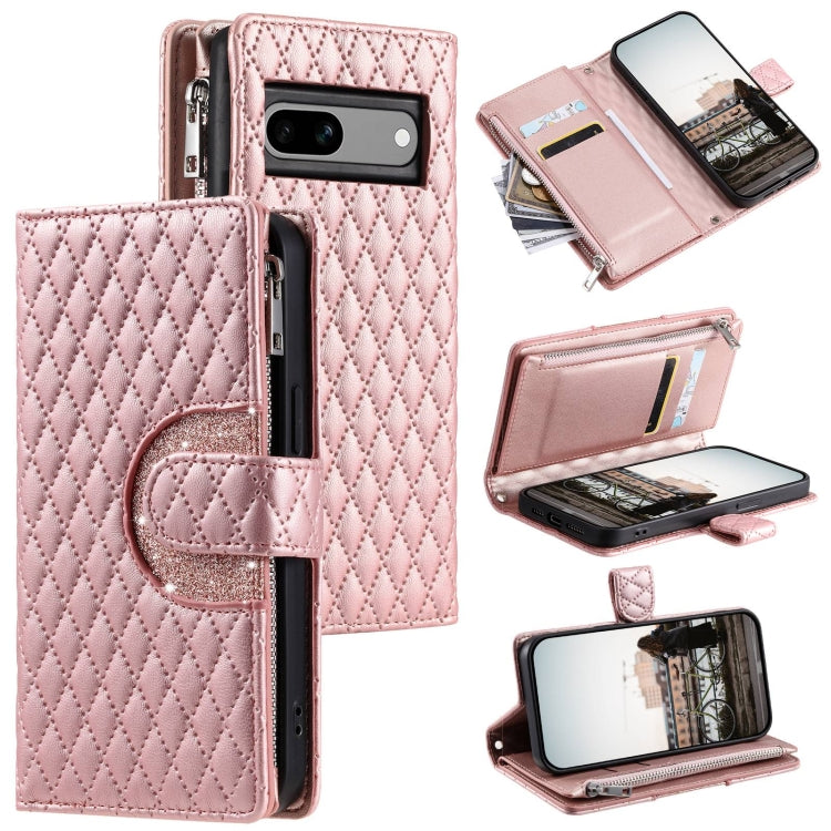 For Google Pixel 7a Glitter Lattice Zipper Wallet Leather Phone Case(Rose Gold) - Google Cases by PMC Jewellery | Online Shopping South Africa | PMC Jewellery | Buy Now Pay Later Mobicred