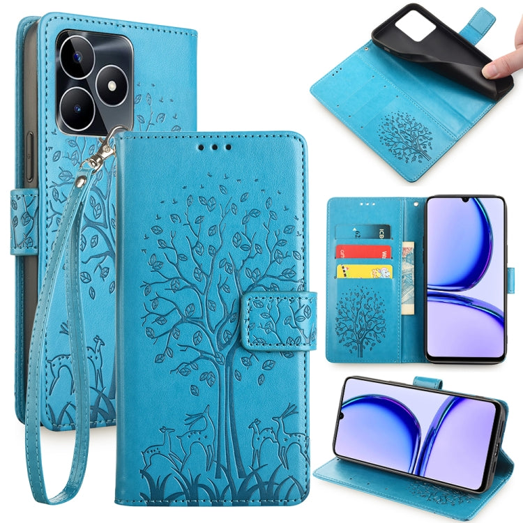 For Realme C53 4G / Narzo N53 4G Tree & Deer Embossed Leather Phone Case(Blue) - Realme Cases by PMC Jewellery | Online Shopping South Africa | PMC Jewellery | Buy Now Pay Later Mobicred