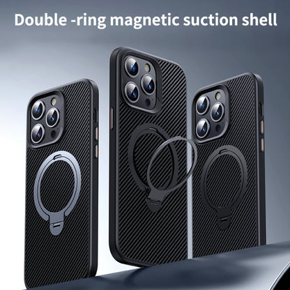 For iPhone 16 Pro Double Ring MagSafe Holder Carbon Fiber Phone Case(Black) - iPhone 16 Pro Cases by PMC Jewellery | Online Shopping South Africa | PMC Jewellery | Buy Now Pay Later Mobicred