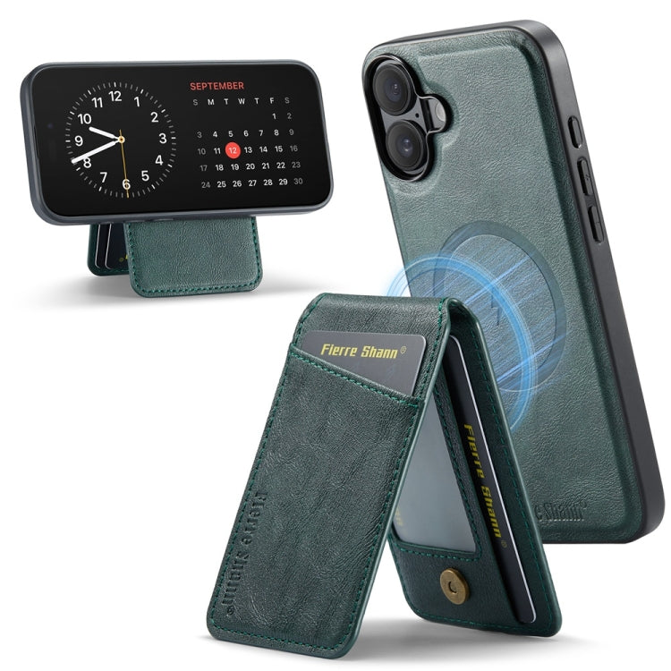 For iPhone 16 Plus Fierre Shann Oil Wax Cow Leather Magnetic Card Holder Phone Case(Green) - iPhone 16 Plus Cases by FIERRE SHANN | Online Shopping South Africa | PMC Jewellery | Buy Now Pay Later Mobicred