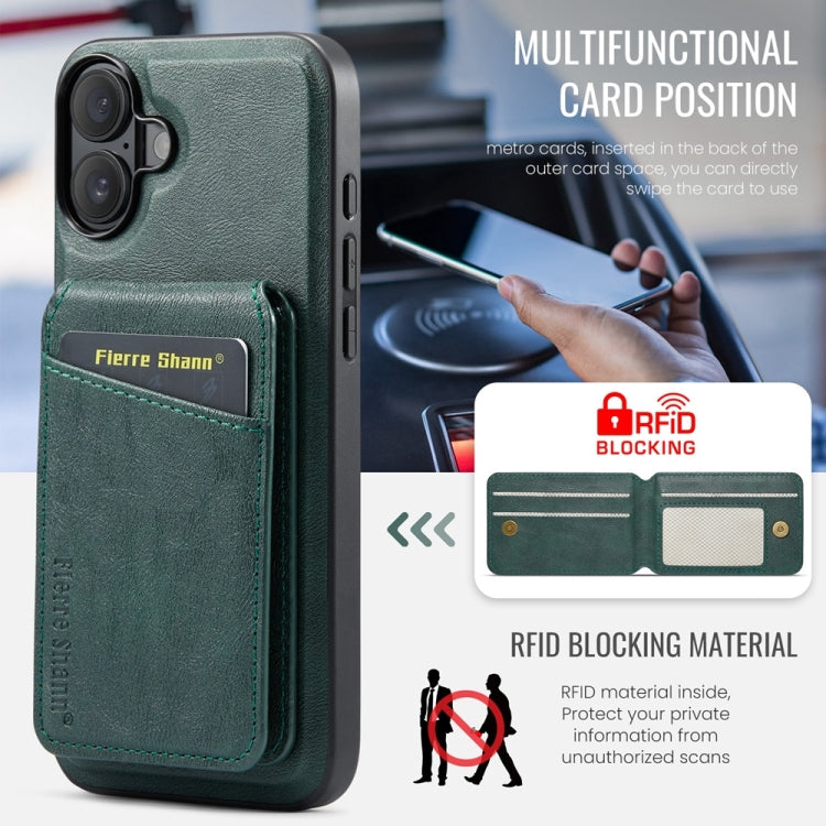 For iPhone 16 Plus Fierre Shann Oil Wax Cow Leather Magnetic Card Holder Phone Case(Green) - iPhone 16 Plus Cases by FIERRE SHANN | Online Shopping South Africa | PMC Jewellery | Buy Now Pay Later Mobicred