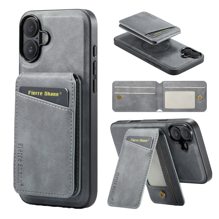 For iPhone 16 Plus Fierre Shann Cowhide Vertical Flip Magnetic Card Holder Phone Case(Grey) - iPhone 16 Plus Cases by FIERRE SHANN | Online Shopping South Africa | PMC Jewellery | Buy Now Pay Later Mobicred