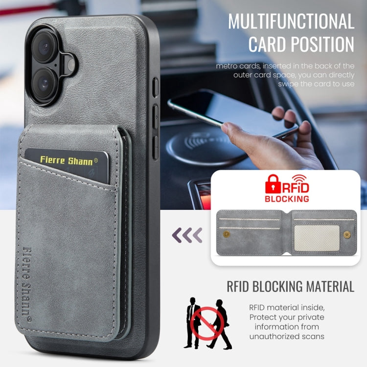 For iPhone 16 Plus Fierre Shann Cowhide Vertical Flip Magnetic Card Holder Phone Case(Grey) - iPhone 16 Plus Cases by FIERRE SHANN | Online Shopping South Africa | PMC Jewellery | Buy Now Pay Later Mobicred