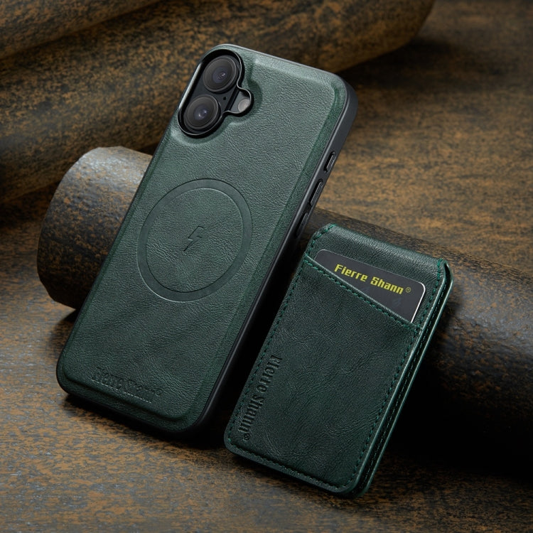 For iPhone 16 Fierre Shann Oil Wax Cow Leather Magnetic Card Holder Phone Case(Green) - iPhone 16 Cases by FIERRE SHANN | Online Shopping South Africa | PMC Jewellery | Buy Now Pay Later Mobicred