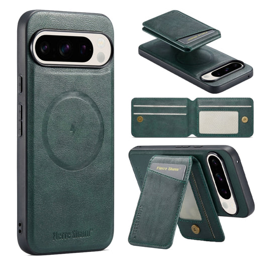 For Google Pixel 9 Pro Fierre Shann Oil Wax Cow Leather Magnetic Card Holder Phone Case(Green) - Google Cases by FIERRE SHANN | Online Shopping South Africa | PMC Jewellery | Buy Now Pay Later Mobicred