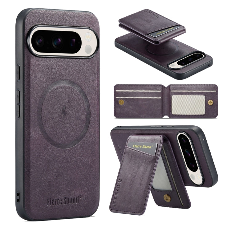 For Google Pixel 9 Pro Fierre Shann Oil Wax Cow Leather Magnetic Card Holder Phone Case(Purple) - Google Cases by FIERRE SHANN | Online Shopping South Africa | PMC Jewellery | Buy Now Pay Later Mobicred