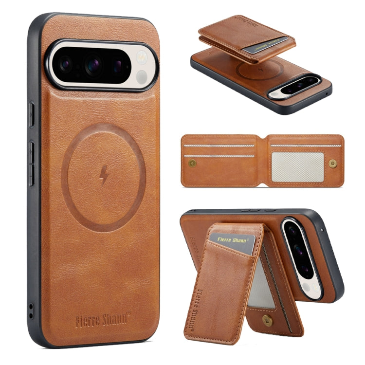 For Google Pixel 9 Fierre Shann Oil Wax Cow Leather Magnetic Card Holder Phone Case(Brown) - Google Cases by FIERRE SHANN | Online Shopping South Africa | PMC Jewellery | Buy Now Pay Later Mobicred