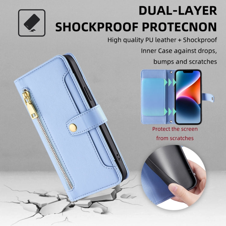 For Google Pixel 8a Sheep Texture Cross-body Zipper Wallet Leather Phone Case(Blue) - Google Cases by PMC TechLife | Online Shopping South Africa | PMC TechLife | Buy Now Pay Later Mobicred