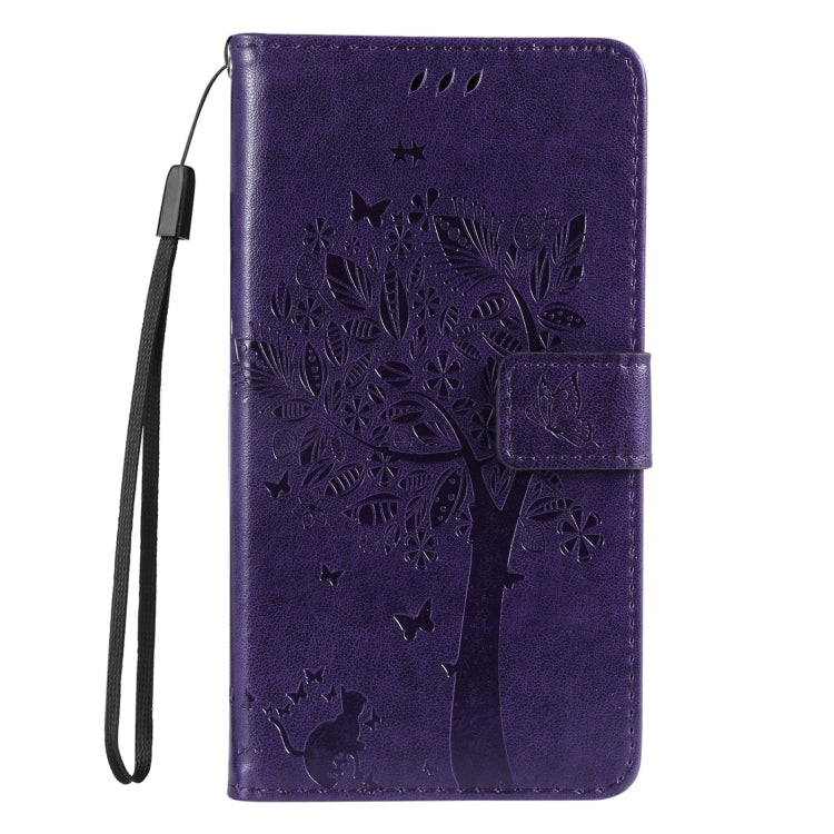 For iPhone SE 2024 Tree & Cat Embossed Pattern Flip Leather Phone Case(Purple) - More iPhone Cases by PMC Jewellery | Online Shopping South Africa | PMC Jewellery | Buy Now Pay Later Mobicred