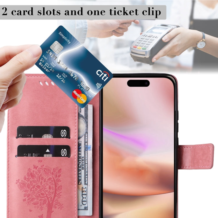 For iPhone 16 Plus Tree & Cat Embossed Pattern Flip Leather Phone Case(Pink) - iPhone 16 Plus Cases by PMC TechLife | Online Shopping South Africa | PMC TechLife | Buy Now Pay Later Mobicred