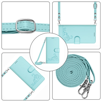 For OPPO Reno11 F 5G Global Cat Rat Embossed Pattern RFID Leather Phone Case with Lanyard(Mint Green) - Reno11 F Cases by PMC Jewellery | Online Shopping South Africa | PMC Jewellery | Buy Now Pay Later Mobicred