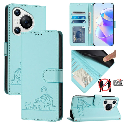 For Huawei Pura 70 Cat Rat Embossed Pattern RFID Leather Phone Case with Lanyard(Mint Green) - Huawei Cases by PMC Jewellery | Online Shopping South Africa | PMC Jewellery | Buy Now Pay Later Mobicred