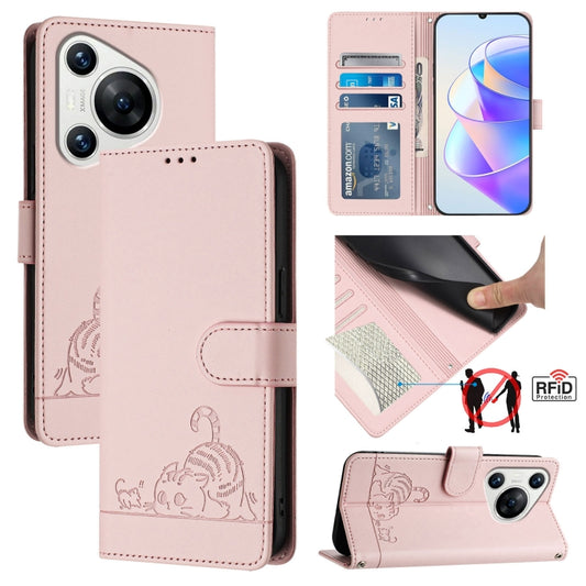 For Huawei Pura 70 Cat Rat Embossed Pattern RFID Leather Phone Case with Lanyard(Pink) - Huawei Cases by PMC Jewellery | Online Shopping South Africa | PMC Jewellery | Buy Now Pay Later Mobicred