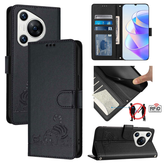 For Huawei Pura 70 Cat Rat Embossed Pattern RFID Leather Phone Case with Lanyard(Black) - Huawei Cases by PMC Jewellery | Online Shopping South Africa | PMC Jewellery | Buy Now Pay Later Mobicred