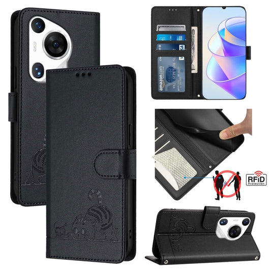 For Huawei Pura 70 Pro Cat Rat Embossed Pattern RFID Leather Phone Case with Lanyard(Black) - Huawei Cases by PMC Jewellery | Online Shopping South Africa | PMC Jewellery | Buy Now Pay Later Mobicred