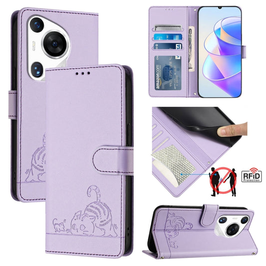 For Huawei Pura 70 Pro Cat Rat Embossed Pattern RFID Leather Phone Case with Lanyard(Purple) - Huawei Cases by PMC Jewellery | Online Shopping South Africa | PMC Jewellery | Buy Now Pay Later Mobicred