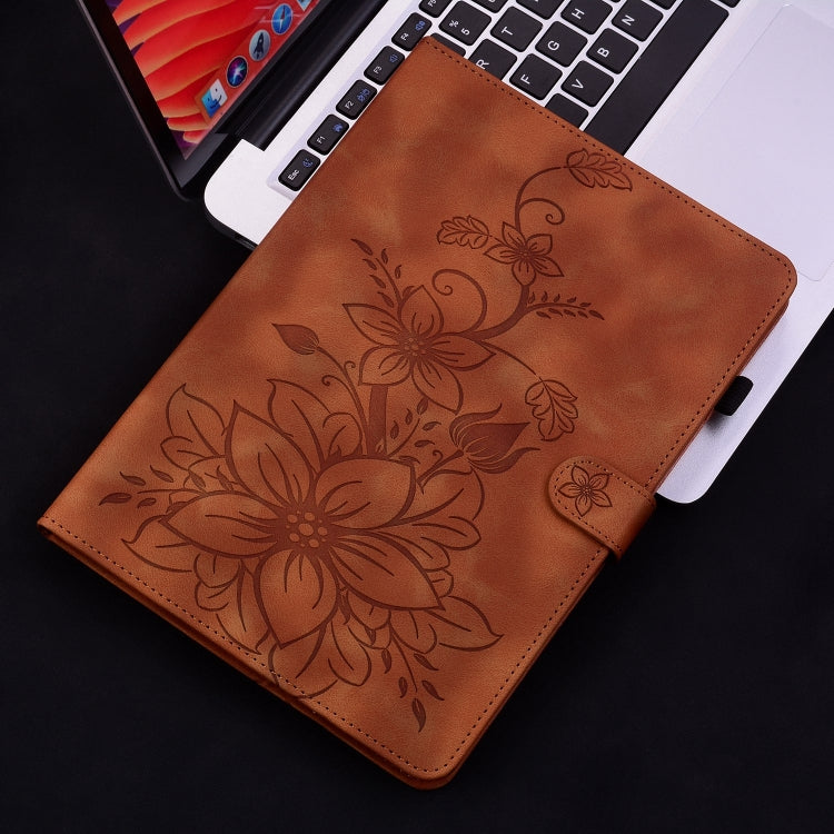 For Samsung Galaxy Tab S9 / S9 FE Lily Embossed Leather Tablet Case(Brown) - free shipping - PMC Jewellery - Order now!