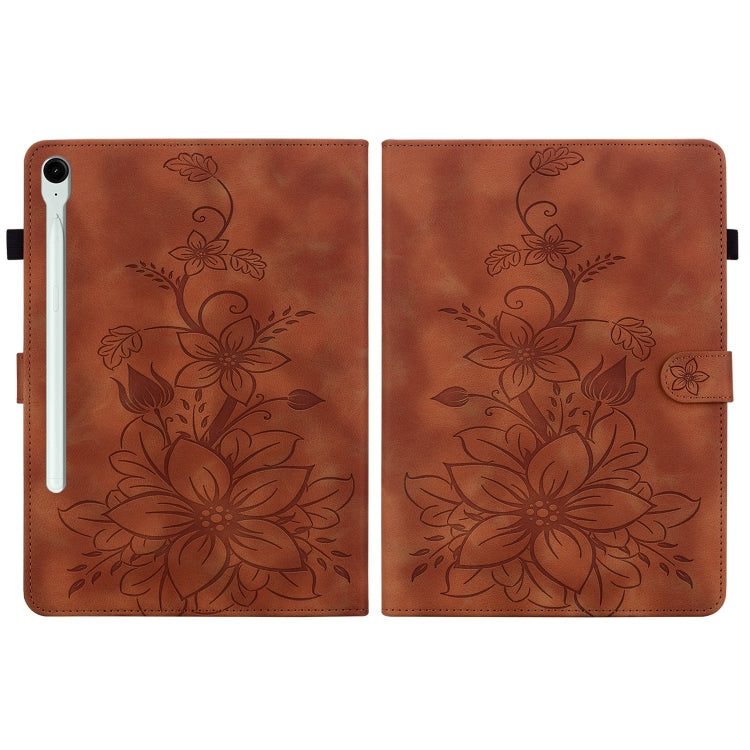 For Samsung Galaxy Tab S9 / S9 FE Lily Embossed Leather Tablet Case(Brown) - free shipping - PMC Jewellery - Order now!