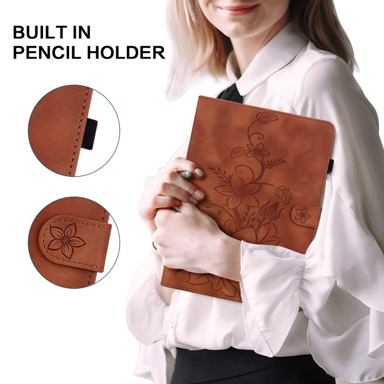 For Samsung Galaxy Tab S9 / S9 FE Lily Embossed Leather Tablet Case(Brown) - free shipping - PMC Jewellery - Order now!