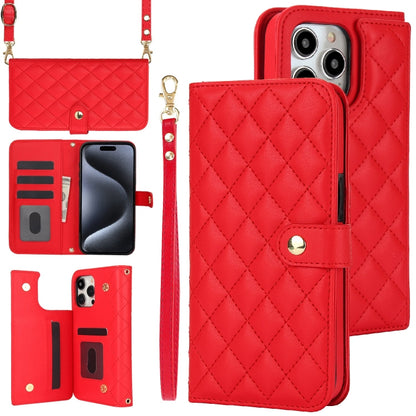 For iPhone 16 Pro Crossbody Multifunction Rhombic Leather Phone Case(Red) - More iPhone Cases by PMC Jewellery | Online Shopping South Africa | PMC Jewellery | Buy Now Pay Later Mobicred