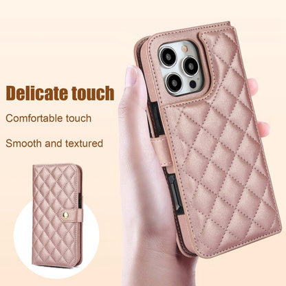 For iPhone 16 Pro Crossbody Multifunction Rhombic Leather Phone Case(Rose Gold) - More iPhone Cases by PMC Jewellery | Online Shopping South Africa | PMC Jewellery | Buy Now Pay Later Mobicred