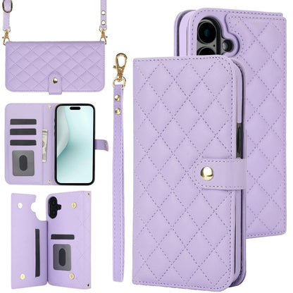 For iPhone 16 Plus Crossbody Multifunction Rhombic Leather Phone Case(Purple) - iPhone 16 Plus Cases by PMC Jewellery | Online Shopping South Africa | PMC Jewellery | Buy Now Pay Later Mobicred