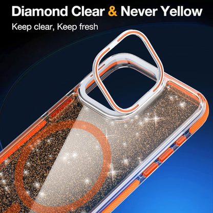 For iPhone 16 Pro Two-color Glitter Powder Lens Holder Magsafe Phone Case(Orange) - iPhone 16 Pro Cases by PMC Jewellery | Online Shopping South Africa | PMC Jewellery | Buy Now Pay Later Mobicred