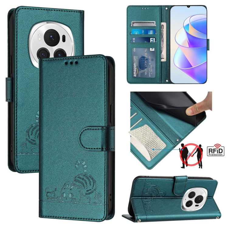 For Honor Magic6 Pro 5G Global Cat Rat Embossed Pattern RFID Leather Phone Case with Lanyard(Peacock Green) - Honor Cases by PMC Jewellery | Online Shopping South Africa | PMC Jewellery | Buy Now Pay Later Mobicred