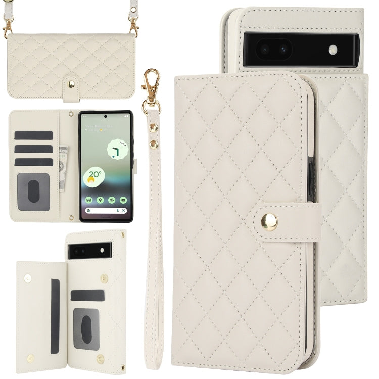 For Google Pixel 6a Crossbody Multifunction Rhombic Leather Phone Case(White) - Google Cases by PMC TechLife | Online Shopping South Africa | PMC TechLife | Buy Now Pay Later Mobicred