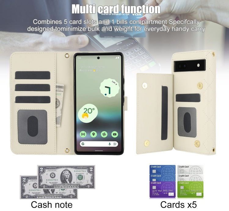 For Google Pixel 6a Crossbody Multifunction Rhombic Leather Phone Case(White) - Google Cases by PMC TechLife | Online Shopping South Africa | PMC TechLife | Buy Now Pay Later Mobicred