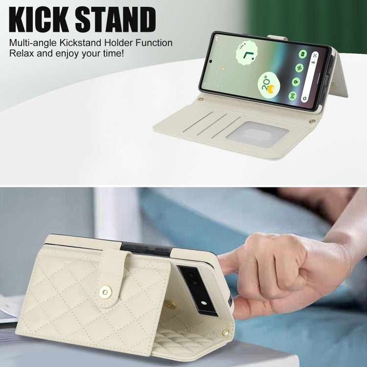For Google Pixel 6a Crossbody Multifunction Rhombic Leather Phone Case(White) - Google Cases by PMC TechLife | Online Shopping South Africa | PMC TechLife | Buy Now Pay Later Mobicred