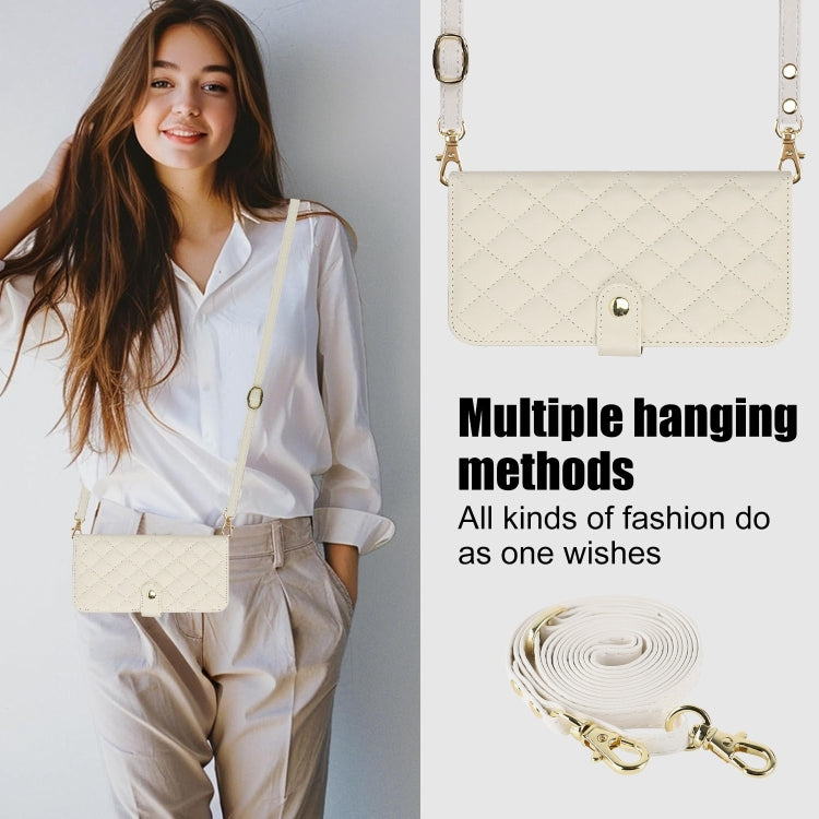 For Google Pixel 6a Crossbody Multifunction Rhombic Leather Phone Case(White) - Google Cases by PMC TechLife | Online Shopping South Africa | PMC TechLife | Buy Now Pay Later Mobicred