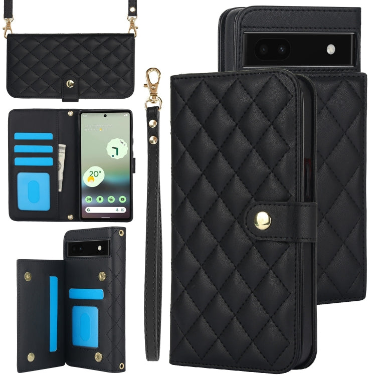 For Google Pixel 6a Crossbody Multifunction Rhombic Leather Phone Case(Black) - Google Cases by PMC TechLife | Online Shopping South Africa | PMC TechLife | Buy Now Pay Later Mobicred