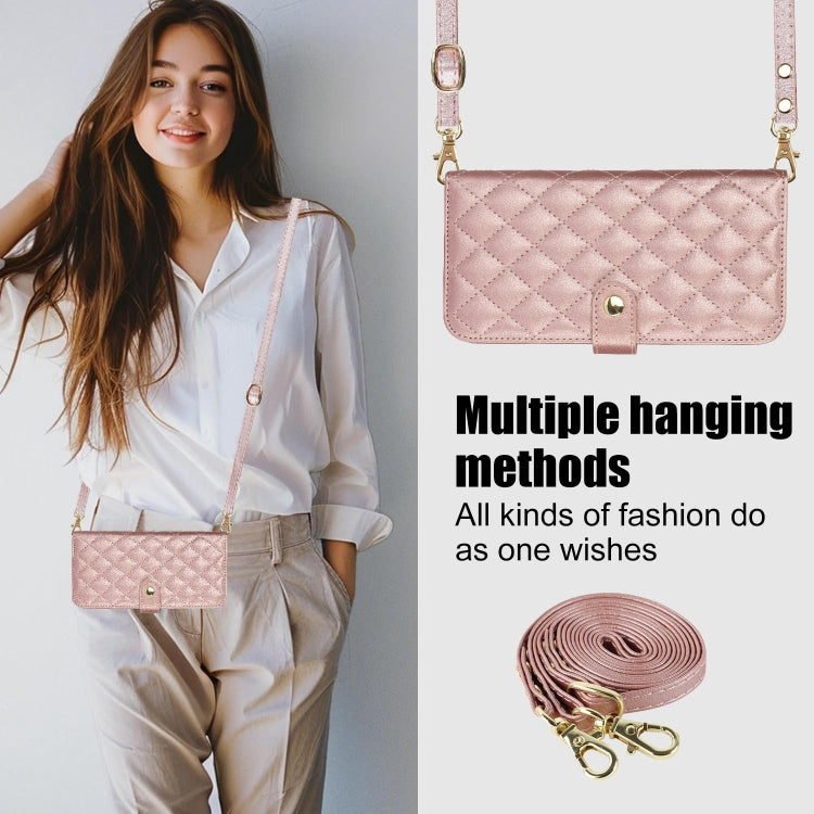 For Google Pixel 6a Crossbody Multifunction Rhombic Leather Phone Case(Rose Gold) - Google Cases by PMC TechLife | Online Shopping South Africa | PMC TechLife | Buy Now Pay Later Mobicred