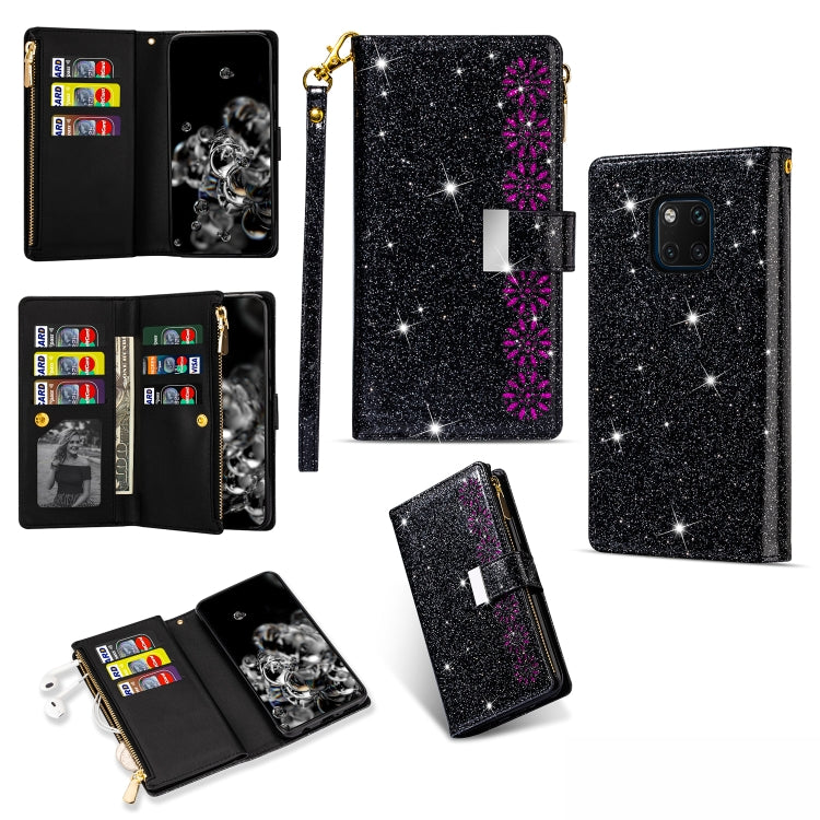 For Huawei Mate 20 Pro Multi-card Slots Starry Sky Laser Carving Glitter Zipper Horizontal Flip Leather Case with Holder & Wallet & Lanyard(Black) - Huawei Cases by PMC Jewellery | Online Shopping South Africa | PMC Jewellery