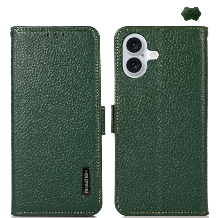 For iPhone 16 Plus KHAZNEH Side-Magnetic Litchi Genuine Leather RFID Case(Green) - iPhone 16 Plus Cases by PMC TechLife | Online Shopping South Africa | PMC TechLife | Buy Now Pay Later Mobicred