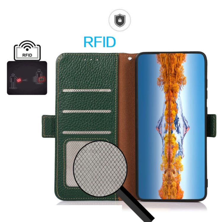 For iPhone 16 Plus KHAZNEH Side-Magnetic Litchi Genuine Leather RFID Case(Green) - iPhone 16 Plus Cases by PMC TechLife | Online Shopping South Africa | PMC TechLife | Buy Now Pay Later Mobicred