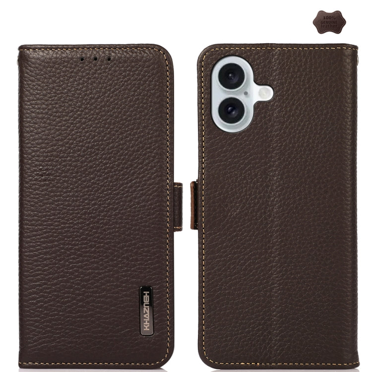 For iPhone 16 Plus KHAZNEH Side-Magnetic Litchi Genuine Leather RFID Case(Brown) - iPhone 16 Plus Cases by PMC TechLife | Online Shopping South Africa | PMC TechLife | Buy Now Pay Later Mobicred