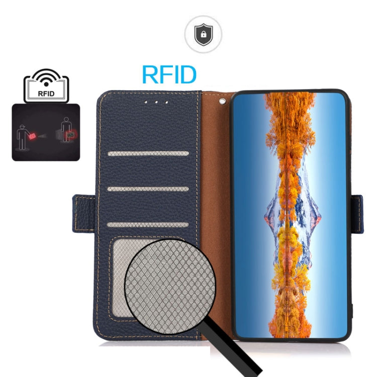For iPhone 16 KHAZNEH Side-Magnetic Litchi Genuine Leather RFID Case(Blue) - free shipping - PMC TechLife - Order now!